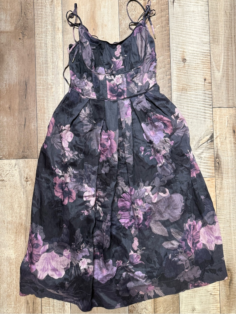 Socialite Black Dress with Purple Floral Print - Tie Straps
